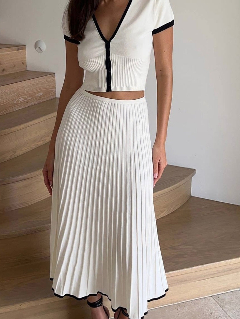 Women’s White Pleated Midi Skirt with Black Trim